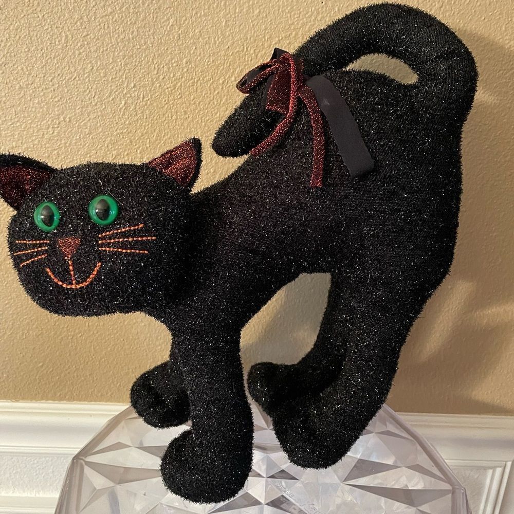 Vintage Black Cat Sparkling Green eyes Plush Free Standing Cat